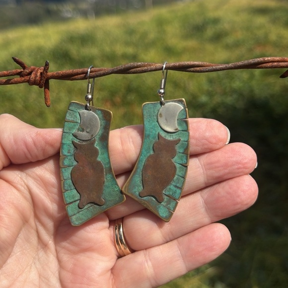 Vintage Copper Moon And Owl Dangle Earrings southwestern western - Picture 3 of 6